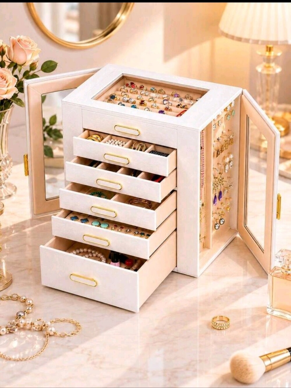 White Jewelry Storage Box with Mirrors - Elegant Multi-Drawer Organizer